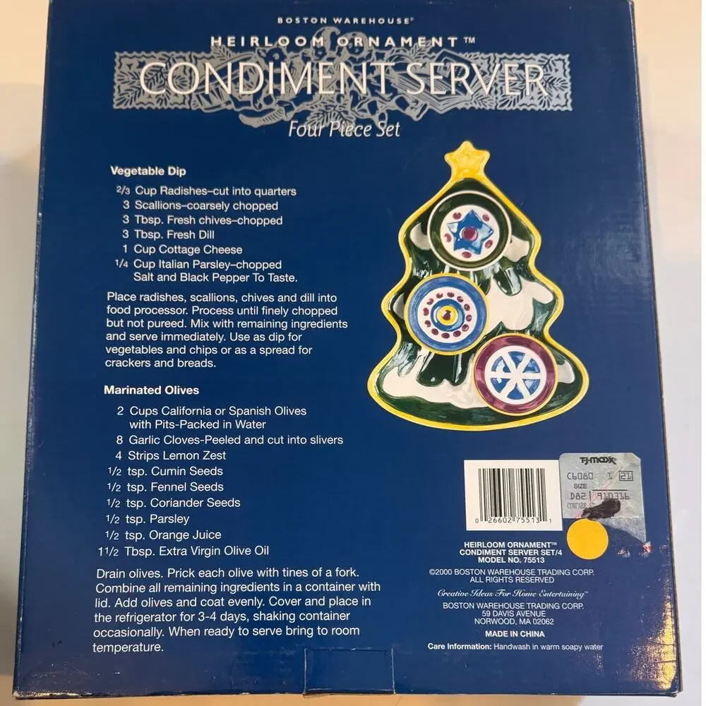 New in Box Vtg Boston Warehouse Heirloom Ornament Condiment Server Holiday 4pc